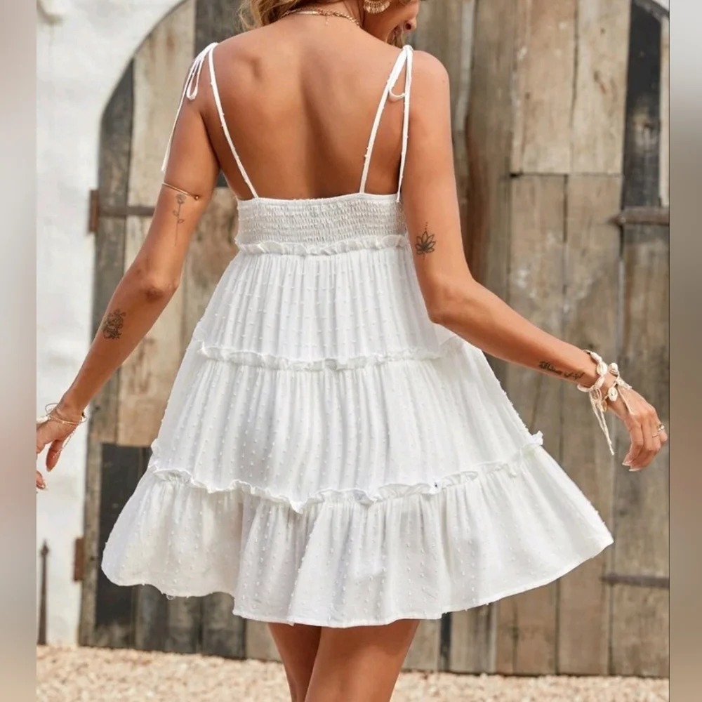 New Boho Swiss Polka Dot Babydoll Cami Mini Dress Sundress White - Picture 5 of 13